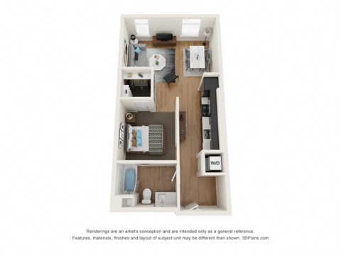 Floor plan for 1 bed, 1 bath, 630 sqft